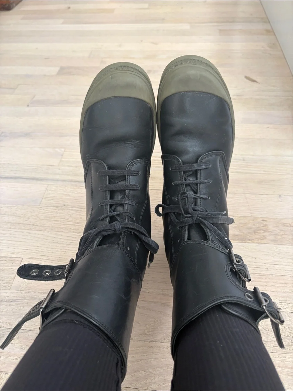 Men’s size 7.5 Helmut Lang Black and Olive Leather Lace-Up Buckle Boots